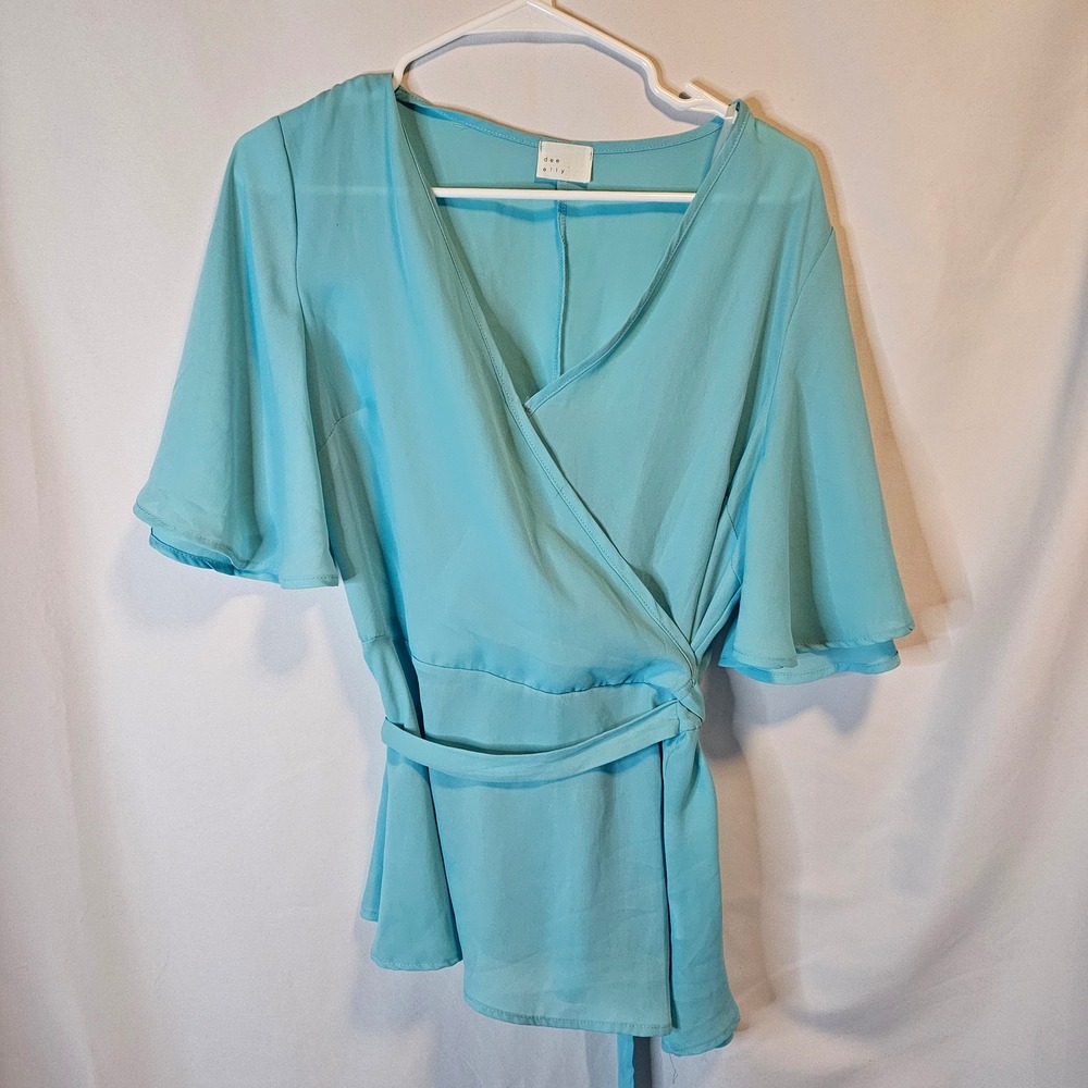 Dee Elly Turquoise Blue Wrap Top Short Flutter Sleeve Tie Waist Blouse Large